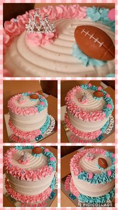 the cake is decorated with pink, blue and white icing as well as a football