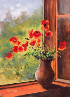 an oil painting of red flowers in a vase on a window sill