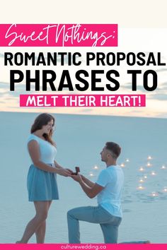 a man kneeling down next to a woman on the beach with text overlay saying romantic prop