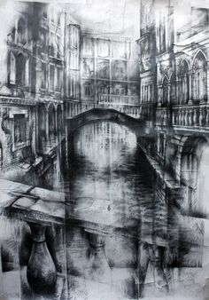 black and white drawing of a canal with buildings in the backgroung area