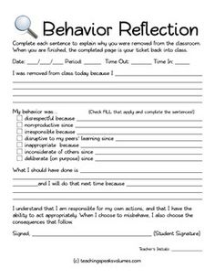 the behavior reflection worksheet is shown in this image, and contains information for students to use