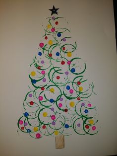 a drawing of a christmas tree made with colored crayons on paper and string