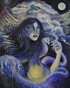 a painting of a woman holding a snake in her hands with the moon behind her