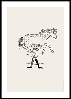 a black and white drawing of a person holding the hand of a horse that is standing next to it