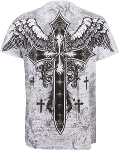 Designer fashion inspired screen print design features silver embossed cross and wings. Please refer to Amazon Size Chart for Size Measurements, 100% Combed Cotton Machine Wash Cold. Tumble Dry Low. Made in USA Trendy fashion short sleeve cotton t-shirt features a detailed graphic design with metallic accents. Please refer to Size Chart to ensure the proper fit.About Sakkas Store:Sakkas offers trendy designer inspired fashion at deep discounts! We work day and night to bring you high quality clo Bleach Dye Patterns, Bleach Dye Techniques, Business Women Dress, Graffiti Supplies, Affliction Clothing, Business Dress Women, Dye Techniques, Mens Fleece Jacket, Dye Patterns