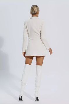 White Thigh High Boots Outfit, White Heel Boots Outfit, White Thigh High Boots, Daily Wear Dress, Modern Feminism, White Leather Boots, Glitter Wedding Dress, Blazer Mini Dress, Bandage Midi Dress