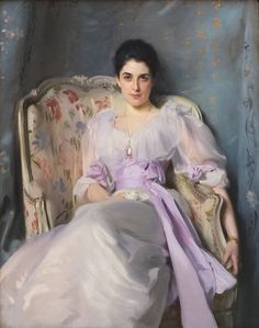 a painting of a woman in a white dress sitting on a chair with a purple sash