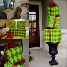 green and red wrapped presents sitting on top of a black post in front of a door