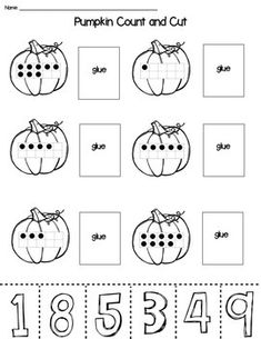 the worksheet for pumpkin count and cut is shown in black and white, with numbers