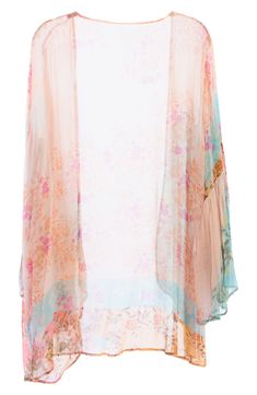 Hit the beach or kick it poolside in this flowy, semi-sheer kaftan that features an allover floral pattern, ruffled kimono-inspired sleeves and a sharkbite hem. Kimono-inspired sleeves 100% viscose Hand wash, line dry Imported Flowy Open Front Printed Cover-up, Bohemian Flowy Cover-up For Daywear, Flowy Bohemian Cover-up For Daywear, Bohemian Chiffon Beach Cover-up, Spring Festival Sheer Cover-up, Summer Open Front Kimono For Daywear, Summer Beach Chiffon Kimono, Spring Sheer Beach Cover-up, Sheer Cover-up For The Beach