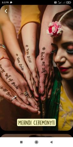 several people with their hands together and the words mehndi ceremony written on them