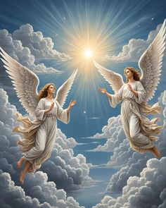 two angels flying in the sky with clouds and sun behind them, both facing each other