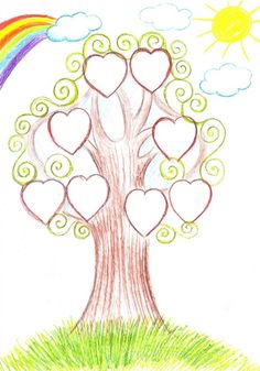 a drawing of a tree with hearts and a rainbow