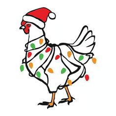 a drawing of a chicken wearing a santa hat and dress with christmas lights on it