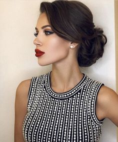 loving the vintage swoop style of her bangs | elegant updo | classic + sexy bridesmaid hair + makeup Black Haircut Styles, Illusion Gown, Short Haircut Styles, Bridesmaid Hair Makeup, Bridal Hair Updo, Pinterest Hair, Business Hairstyles