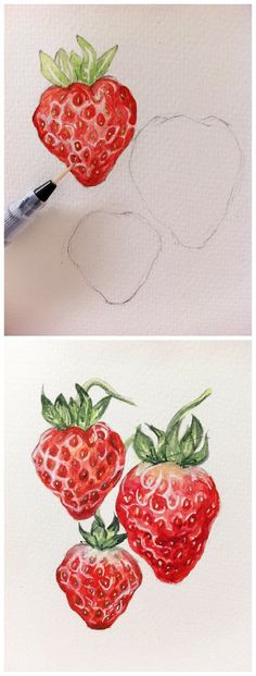 two pictures of strawberries with one drawing the other