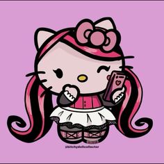 a hello kitty holding a cell phone in her right hand and wearing a pink dress