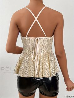 Peilia - Exquisite Sequined V-neck Ruffle Trim Top: Stylish Sleeveless Cross Back Cami Top for Club & Party, Womens Fashion V-neck Halter Top For Summer Parties, Summer Party V-neck Halter Top, Glamorous Spring Party Camisole, Elegant Party Halter Top With Cami Shape, Elegant Cami Halter Top For Party, Elegant Party Halter Top Cami, Backless Party Top With Straps, Chic Party Halter Top Camisole, Glamorous Party Camisole Tank Top