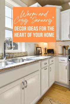 a kitchen with white cabinets and an orange sign that says, living and doing laundry decor ideas for the heart of your home