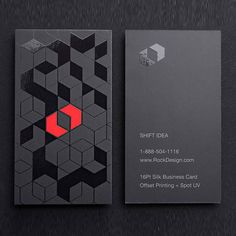 the business card is designed to look like hexagonal cubes and has a red logo on it