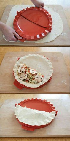 the process to make a pie crust with mushrooms and cheese on top is shown in three different stages