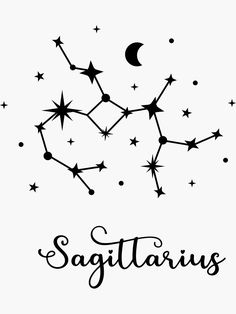 the zodiac sign sagittatis with stars and crescents in black on a white background