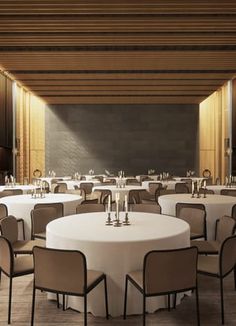 an empty banquet room with round tables and chairs