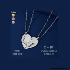 🧩💖 Personalized Custom Engraved Names Puzzled Heart Pendant Necklace 💖🧩 🎁 Looking for a heartfelt and unique gift? Our Custom Engraved Names Puzzled Heart Pendant Necklace is the perfect choice! Crafted with care and precision, this necklace embodies the beauty of personalization and symbolism. ✨ Customization Options: Choose from a variety of lengths (50cm, 60cm) to suit your style. The pendant features a stunning heart puzzle design with the option to engrave 2-10 names in your choice of stainless steel color, gold-plated over stainless steel, or rose gold-plated over stainless steel. Each piece is made to order with a customization time of 8-10 days, ensuring a thoughtful and personalized touch. 🔍 Product Details: Necklace Type: Pendant Necklaces Gender: Unisex Metals Type: Stainl Puzzle Piece Necklace, Necklace Friendship, Couple Necklace, Heart Puzzle, Friendship Necklace, Detailed Necklace, Best Friend Necklaces, Friendship Necklaces, Couple Necklaces