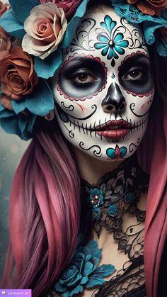 a woman with sugar skull makeup and flowers in her hair is wearing a flower crown