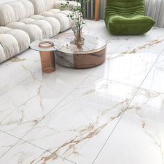 a living room with white marble floors and green furniture in the corner by the window