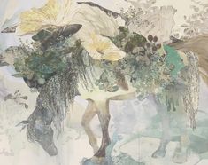 an abstract painting with flowers and leaves on the back of a horse's head