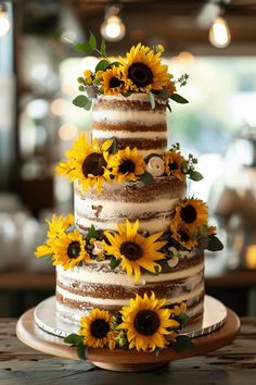 a three tiered cake with sunflowers on top