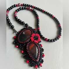 Seed Beads Embroidered Rainbow Jasper In Necklace. Bead Embroidered Pendant, Embroidered Rainbow, Embroidered Pendant, Chainmail Necklace, Black Tourmaline Stone, Boho Statement Necklace, Blue Crystal Necklace, Embroidered Jewelry, Hummingbird Pendant