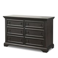 a black dresser with four drawers and two doors on the top shelf, in front of a white background