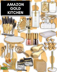 an assortment of kitchen utensils and goldware