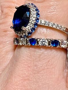 Vintage Style 4.2CT Oval Cut Velvety Blue Sapphire Created Halo Full Eternity Ring Bridal Set Size 8 Oval Blue Cubic Zirconia Ring, Blue Cubic Zirconia Rings With Oval Shape, Oval Blue Cubic Zirconia Sapphire Ring, Blue Teardrop Halo Setting Ring, Oval Blue Jewelry With Halo Setting, Blue Oval Jewelry With Halo Setting, Oval Blue Jewelry With Accent Stones, Blue Oval Jewelry With Accent Stones, Blue Sapphire Wedding Ring Sets