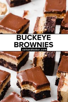 chocolate brownies with peanut butter on top and the words buckeye brownies above them