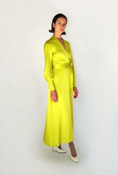 KAMPERETT Adelaide Midi Dress Chartreuse Midi Wrap Dress, Fabric Covered Button, Wide Cuff, Silk Charmeuse, Silk Slip, Mid Dresses, Black Wrap Dress, Crepe Dress, Maxi Wrap Dress