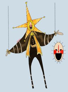 a drawing of a person hanging from a string with a star on it's head