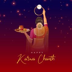 a woman holding a plate with food on it and the words happy karsha chauth