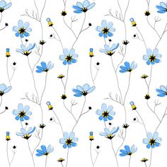 blue and yellow flowers on a white background