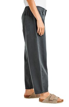 These slouchy lightweight pants are right on trend with a comfy elastic-back waist and barrel legs that curve out at the knees and taper to the cuffs. 26 1/2" inseam; 13 1/2" leg opening; 9 1/2" front rise; 11 1/2" back rise Zip fly with button closure Five-pocket style Back elastic waist 81% cotton, 19% viscose Machine wash, tumble dry Imported Baggy Cropped Leg Bottoms For Everyday, Elevated Casual Tapered Leg Pants For Spring, Relaxed Fit Wide-leg Bottoms For Elevated Casual, Elevated Casual Relaxed Straight Leg Bottoms, Relaxed Fit Wide-leg Pants For Elevated Casual, Relaxed Baggy Bottoms With Tapered Leg, Relaxed Straight Leg Bottoms For Elevated Casual, Chic Baggy Bottoms For Everyday Wear, Baggy Straight Leg Pants For Elevated Casual Occasions