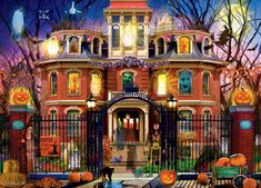 a painting of a halloween house with pumpkins