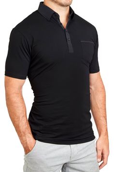 Black Polo Shirt With Seamless Collar For Work, Black Polo Shirt For Workwear, Modern Black Collared Polo Shirt, Black Polo Shirt With Johnny Collar For Work, Modern Black Polo Shirt For Work, Sporty Short Sleeve Polo Shirt For Work, Black Cotton Polo Shirt For Business Casual, Black Short Sleeve Polo Shirt For Work, Polo For Men