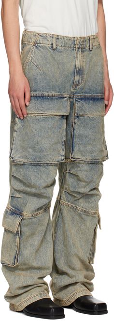 Loose-fit straight-leg 13.75 oz non-stretch selvedge denim cargo pants. Fading throughout. · Belt loops · Four-pocket styling · Zip-fly · Cargo pockets at front and outseams · Tucks at knees · Leather logo patch at back waistband Supplier color: Surface wave Entire Studios, Denim Cargo Pants, Denim Cargo, Studio Blue, Selvedge Denim, Leather Logo, Patch Logo, Cargo Pants, Straight Leg