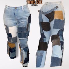 "one of a kind 1:1 by Tommie Gene apparel  Patchwork straight leg denim jeans  white accents on the front, Black accents on the back. Woman's size 5 Classic 10\" high rise jeans  Blue wash/stretch denim  patchwork  giving cool girl vibes, Punk rock. made from 100% recycled material ♻️" Patchwork Denim Jeans, Denim Patchwork, Jeans White, Straight Leg Denim, Womens Jeans, Black Accents, High Rise Jeans, Yin Yang, Ripped Jean