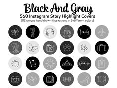 the black and gray instagramm story highlight covers are shown in different sizes, shapes, and colors