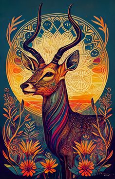 an animal with long horns standing in front of a sun and flowery background on a blue