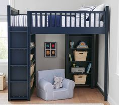 there is a bunk bed with a chair underneath it and a book shelf below the bed