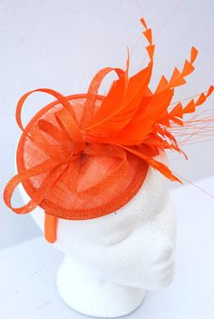 The Haleigh Marigold Orange Fascinator, Tea Party Hat, Church Hat, Kentucky Derby Hat, Fancy Hat, Br Adjustable Feather Trim Fascinator For Wedding, Wedding Fascinator With Adjustable Feather Trim, Wedding Fascinator With Feather Trim And Adjustable Fit, Wedding Fascinator With Feather Trim, Elegant Mini Hats With Feathers For Carnival, Wedding Feather Trim Headband For Royal Ascot, Wedding Headband With Feather Trim For Royal Ascot, Feathered Mini Hat Headband For Weddings, Mini Hats With Feather Trim For Weddings On Headbands